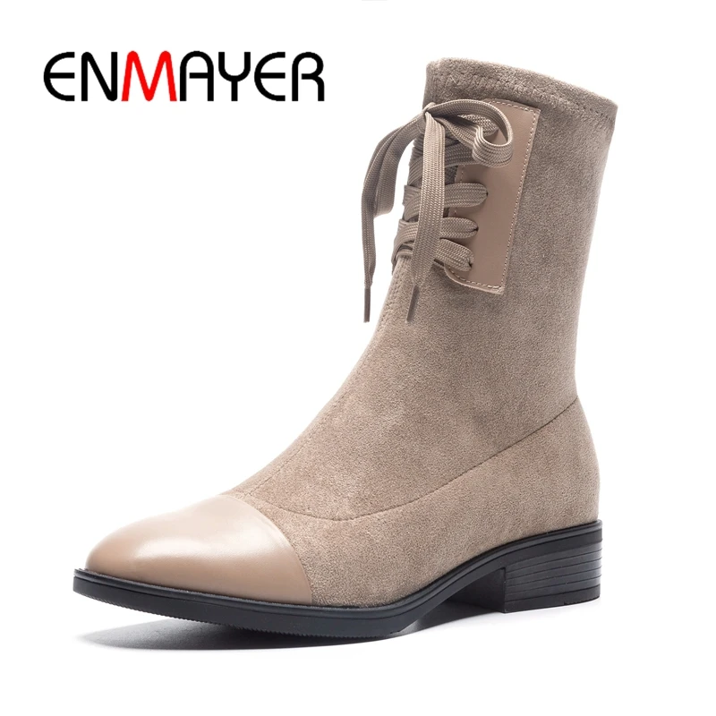 

ENMAYER Genuine Leather Lace-Up Ankle Round Toe Shoes Woman Boots Women Size 34-40 ZYL1706