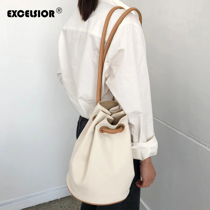 

EXCELSIOR New Solid Bucket Bag Canvas Beach Handbag Women's Shoulder Weave Messenger Bag Portable Crossbody Bag Multi-use
