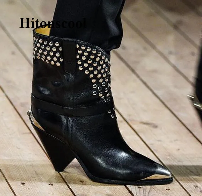 

Runway Luxury Rivet Studded Ankle Boots Design Slip On Metal Decor High Heels Booties Shoes Women Fashion Catwalk Women's Boots