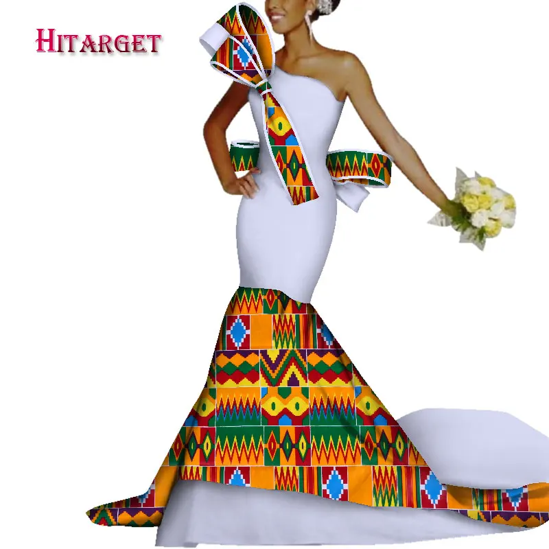 Африканский принт костюмы для женщин пикантные плеча без бретелек Топ рыбий хвост юбка хлопок платье макси лук украшения вечерние WY3469