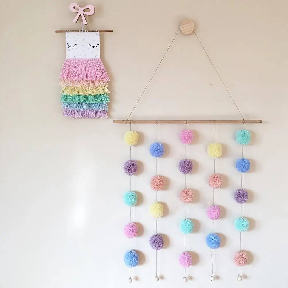 

Nordic Style Colorful Pom Pom Wooden Stick Hanging Decoration for Girl Bedroom with 5 strings