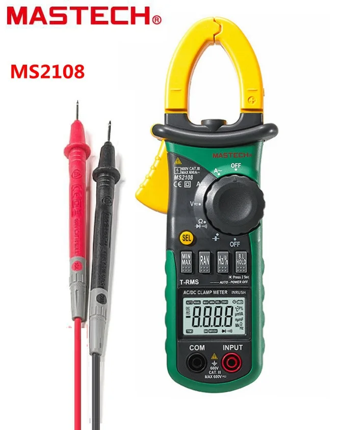 

Mastech MS2108 Digital AC/DC Clamp Meter Multimeter True RMS Volt Amp Ohm Cap Herz Multi Tester Over Range Protection Work Light