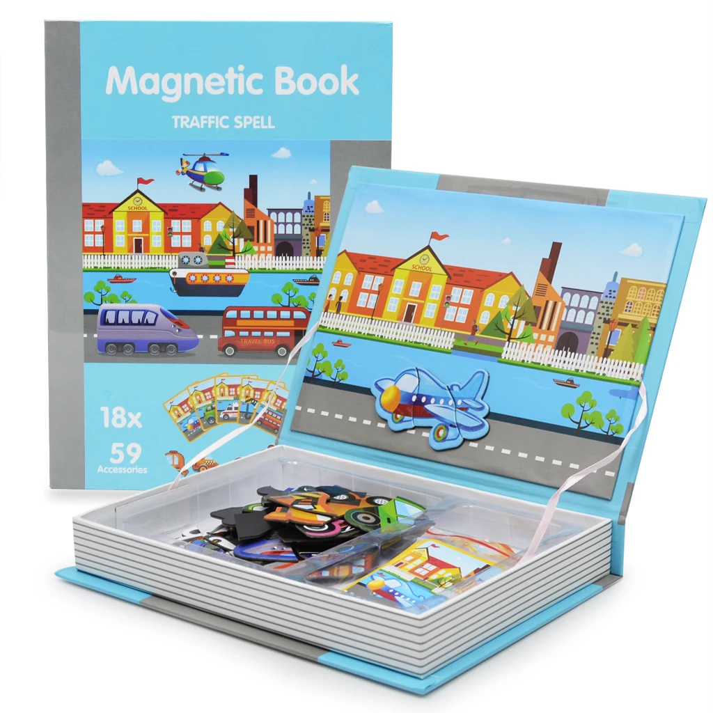 77Pcs/ Set Magnetic Puzzles Book Educational Drawing Toys 3D Vehicle Matching Jigsaw for Baby Toddlers Cognition Developmental