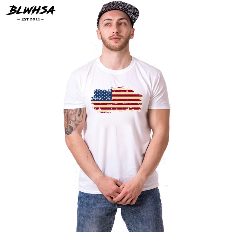 BLWHSA Printed USA Flag T-shirt For Men And Women Lovers Couple Tops Tees American Flag Nostalgia Couple T shirts For Lovers