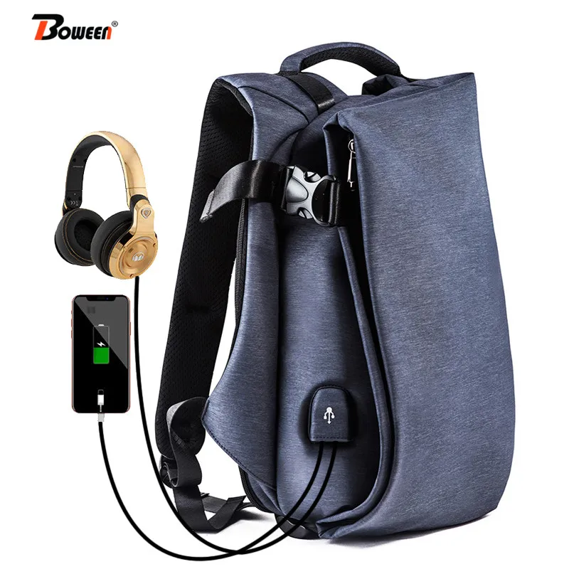 

USB Charging Casual backpack men Oxford Fashion trend Music Headphones College Students back pack male leisure 2020 spring new