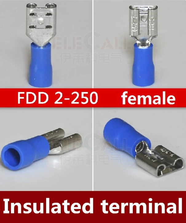 NEW 500PCS/LOT FDD 2 250 6.3mm Blue FEMALE INSULATED ELECTRICAL SPADE