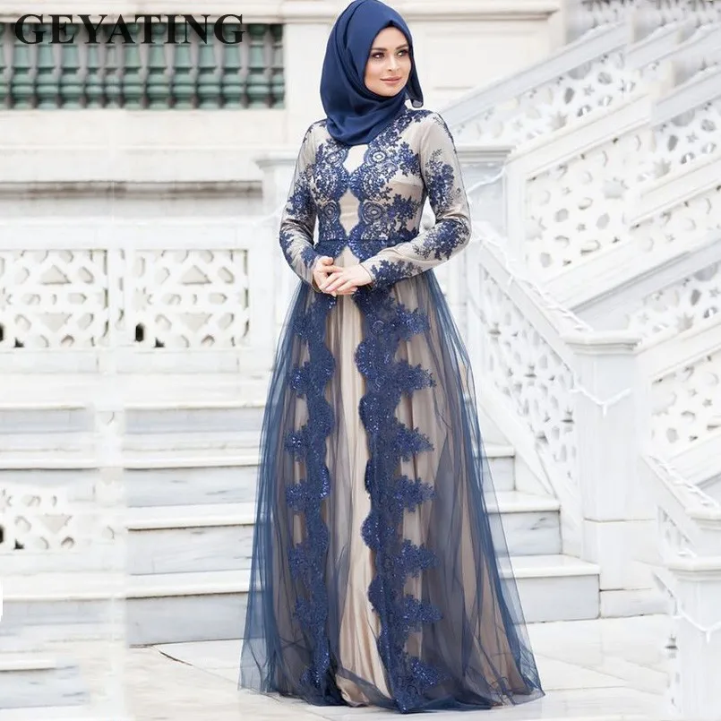 Robe De Soiree Musulmane En Dentelle Bleu Marine A Manches Longues Avec Hijab 2020 Caftan Arabe Dubai Robes De Bal Elegantes Longues Robes De Fete Formelles Aliexpress