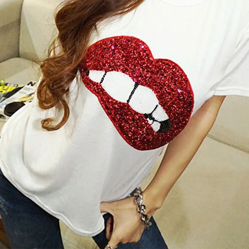 Женские хлопковые футболки с коротким рукавом и принтом в виде губ M XL|top t shirt|sequin