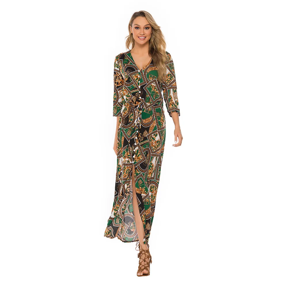 Summer Dress Women Casual Elegant V-Neck Print Long Dresses Female Vintage Plus Size Boho Party Dress