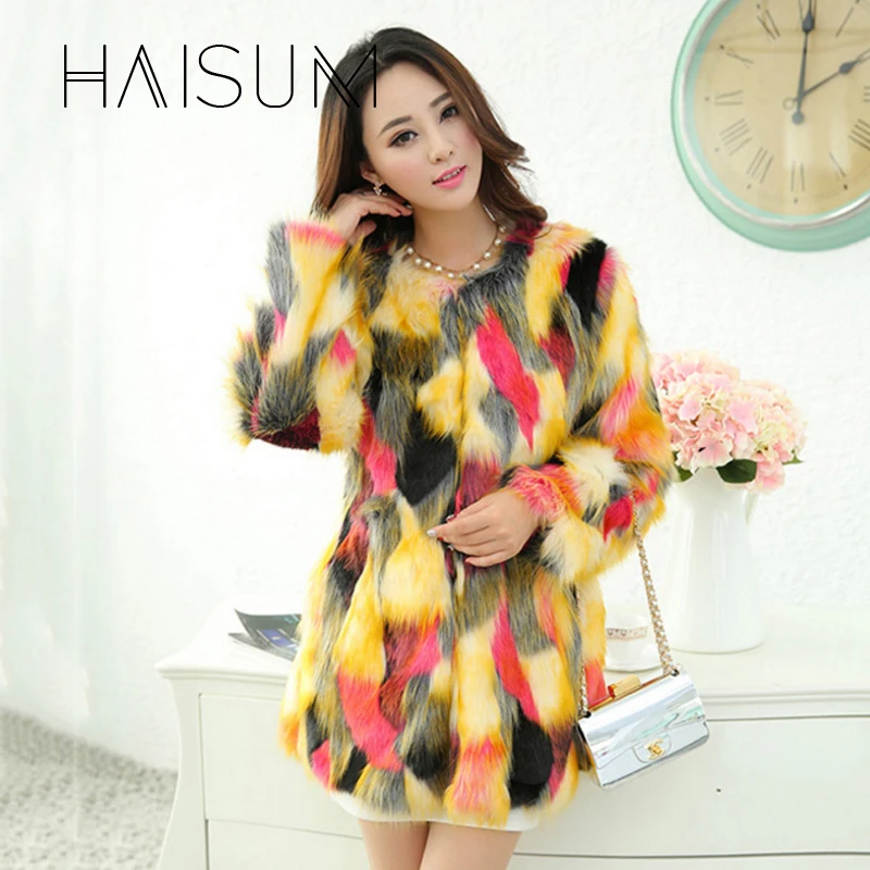 

Women's Faux Fur Coat Winter Warm Mixed Colors Imitation Fox Fur Long Round Neck Young Ladies 2018 New Comfort Brand Nv034