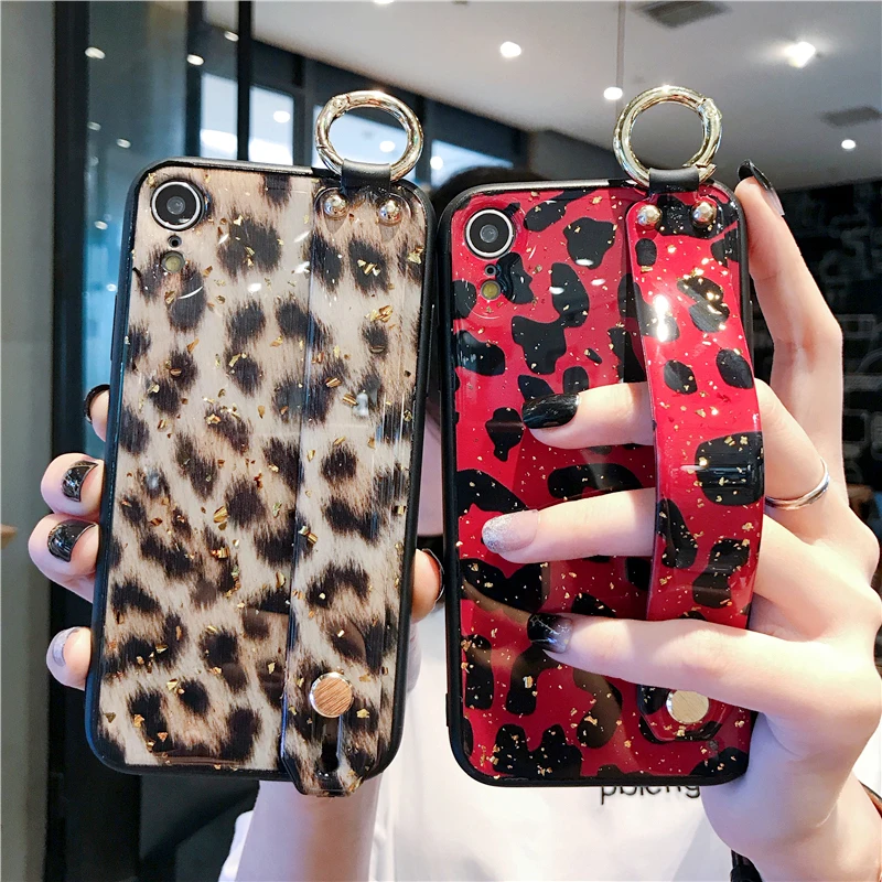 

Gold Foil Wrist strap Leopard Cases For Huawei P20 P30 P10 Mate 20 Pro Silicon Cover For Honor V10 V20 Nova 4 back holder