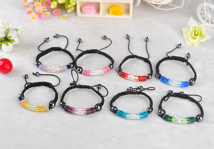 

8 Pcs/ Lot Colorful Wave Rope Charm Shamballa Gradient Micro Pave CZ Long Tube Bending Beads Crystal Bracelet Drop Shipping