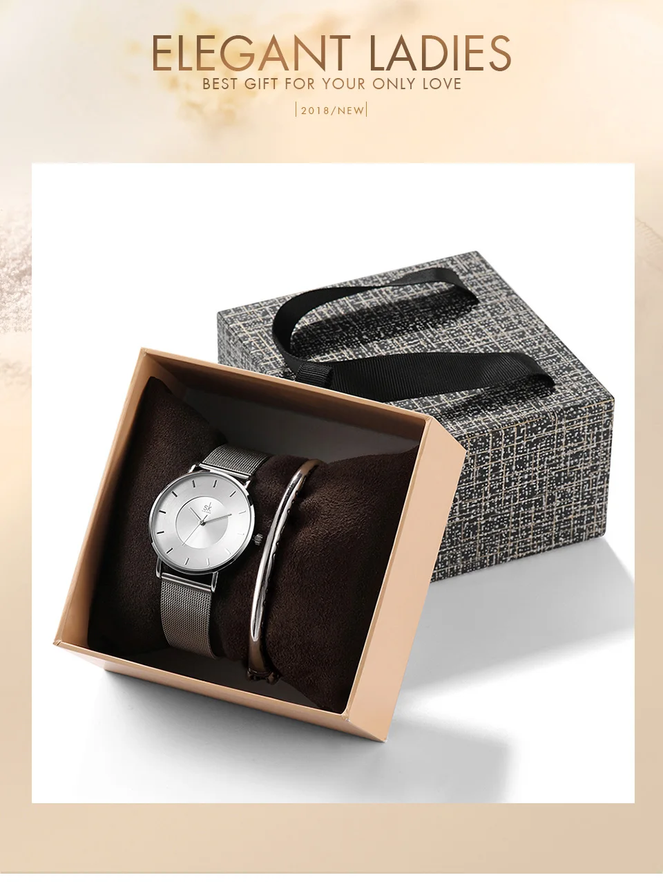 Shengke модный Серебряный стальной женский набор с часами и коробкой роскошный браслет часы наручные часы набор Рождественский подарок часы для женщин