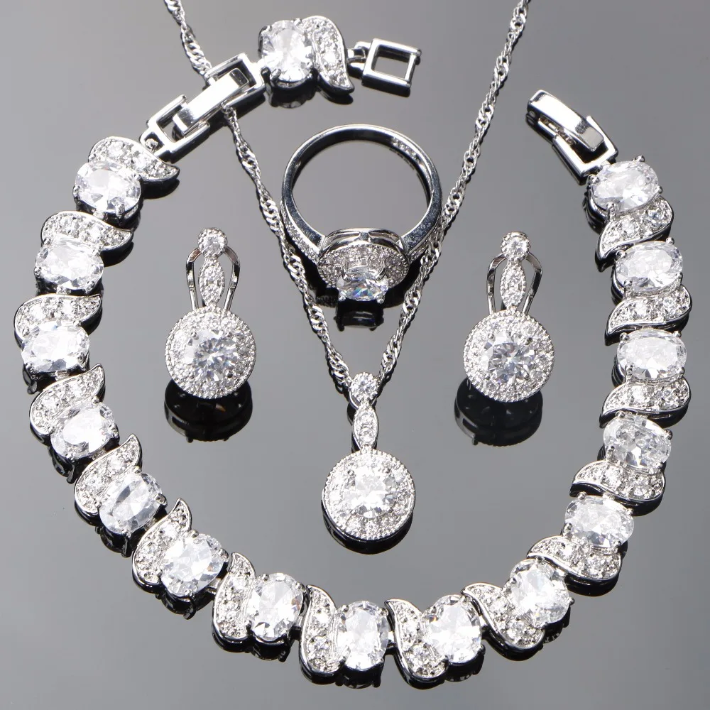 

White Zircon Bridal Jewelry Sets Women Costume 925 Sterling Silver Jewelry Wedding Earrings Bracelet Pendant Rings Necklace Set