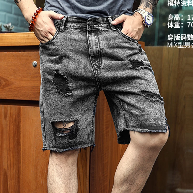 

Grey Black Mens denim shorts ripped holes burr jeans metrosexual man summer brand design fashion short jeans hip hops K781
