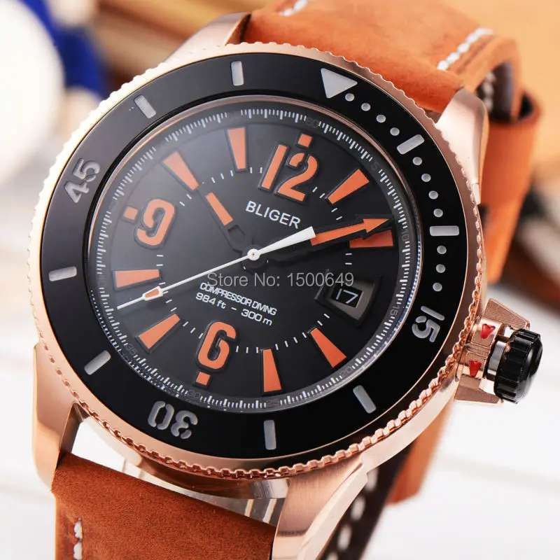 

43mm Bliger Wristwatches series dial Golden watchcase automatic Mechanical mens Watch 1927