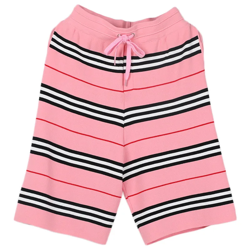 

New Summer 2019 Women's Wear Colour Stripe Loose Belt High-waist Slim Knitted Shorts