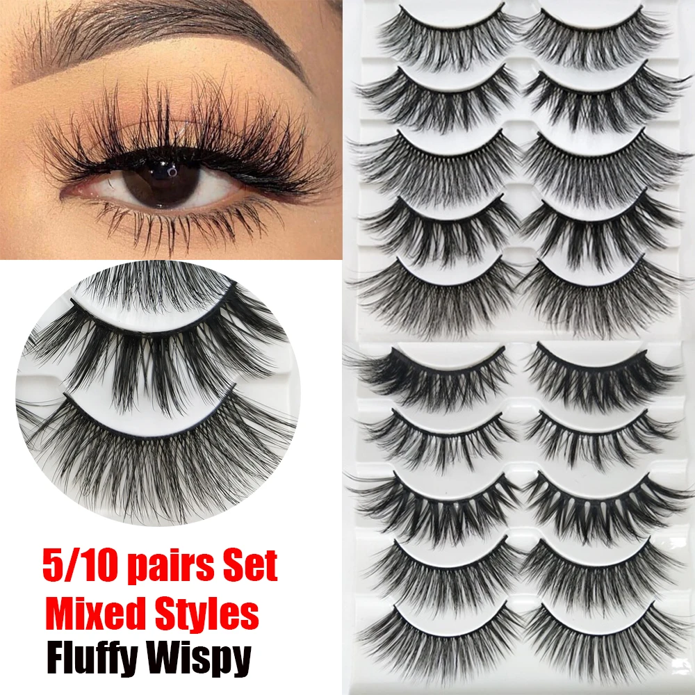 

5/10 Pairs 3D Mink Hair False Eyelashes Wispy Fluffy Lashes Natrual Long Eye Makeup Tools Handmade Full Strips Eyelashes#3D-55