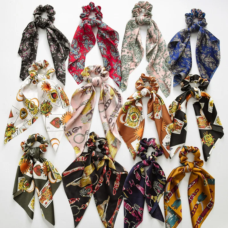 

New Printed Long Streamers Elastic Hair Holder Ribbon Bands Scrunchies Bow Knot Women Girls Hair Scarf Ties Hair Accessories
