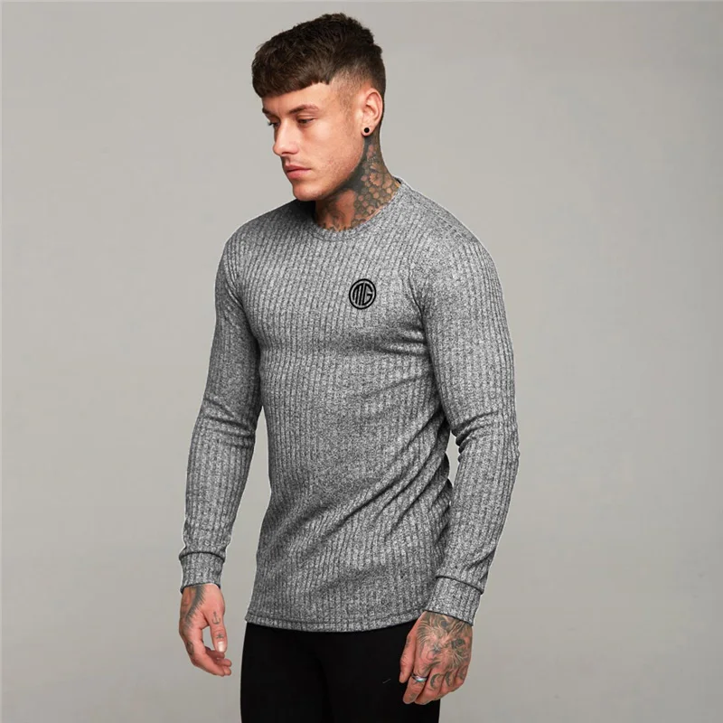 Machinefitness Slim Fit с длинным рукавом свитера Для мужчин s Весенняя мода вязаная рубашка Для мужчин Повседневное круглым вырезом пуловеры Для