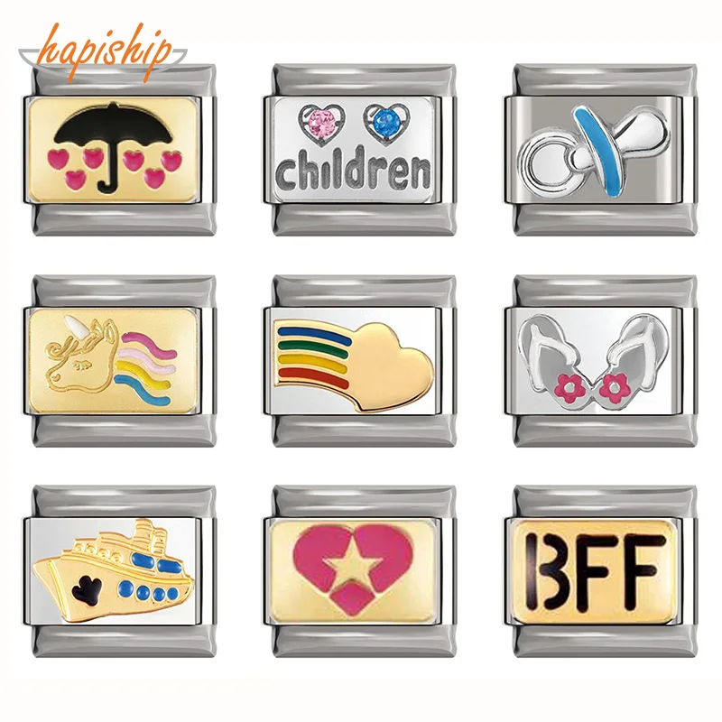 

Hapiship Original Daisy Boat Nipple Unicorn Rainbow BFF Heart Cock Charm Fit 9mm Bracelet Stainless Steel Links Jewelry DJ194