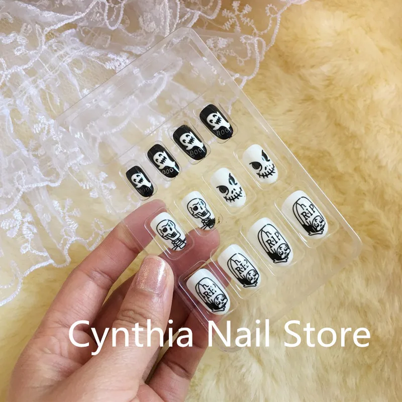Kawaii Skull False Nails Halloween Style Artificial Nails White Nail With Black Skull On Fingernails Halloween Nail Art Gifts False Nails Aliexpress