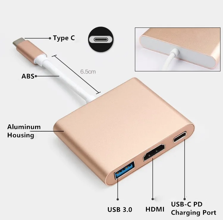 USB-C многопортовый концентратор адаптер 3-в-1 Тип C преобразователь с 1 взаимный обмен данными между компьютером и периферийными устройствами 3,0 Порты и разъёмы, 1 1080 P HDMI Выход и 1 Тип-c зарядка PD Порты и разъёмы