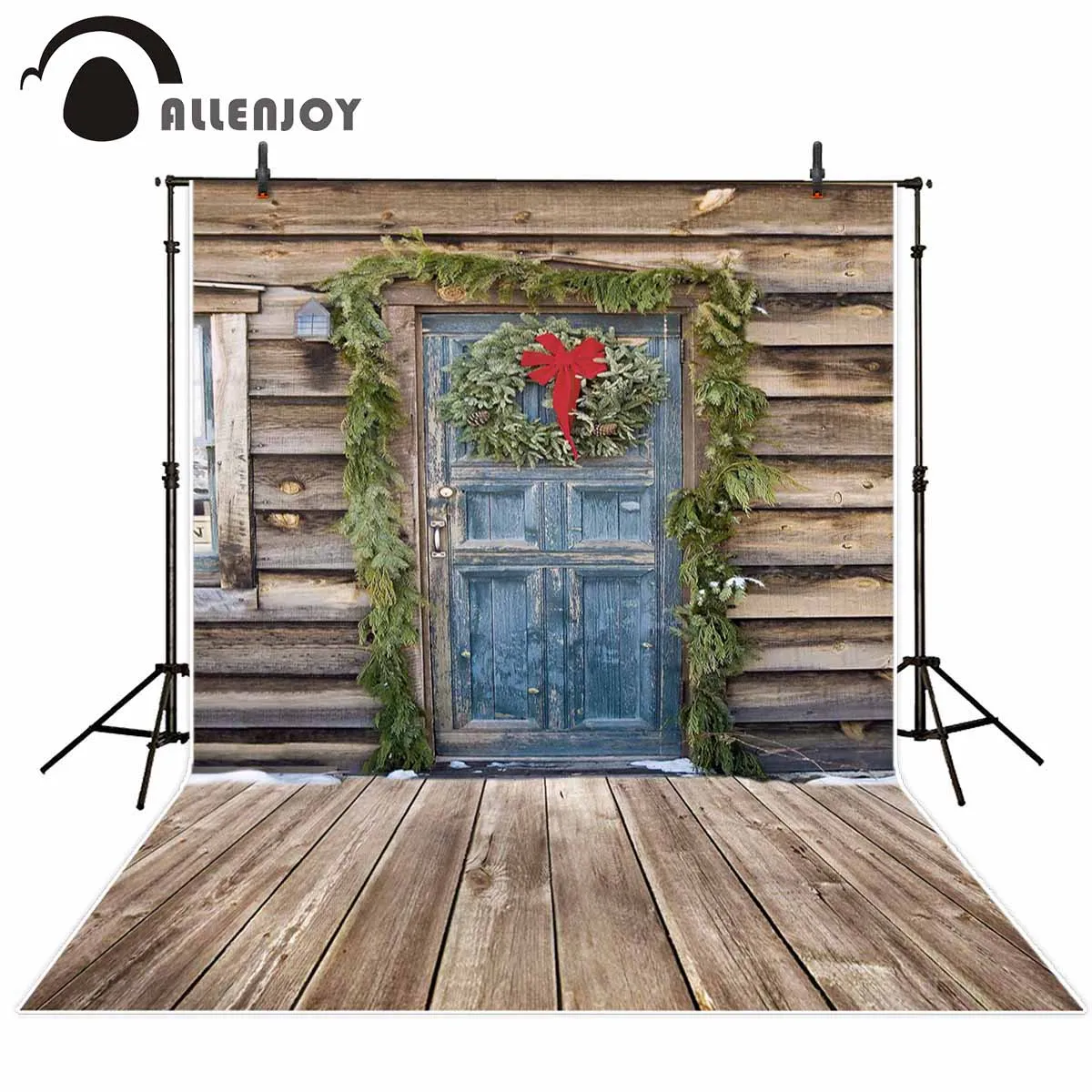

Allenjoy Christmas backdrop photography wreath door cabin winter countryside rural decoration for home photo studio background