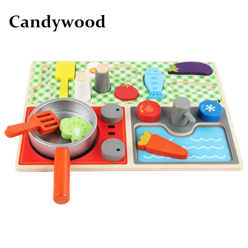 

Candywood Wooden Kitchen Toys Set Cut Vegetables fish Cooking Kitchen Toys for kids baby early education food toys Girl gifts