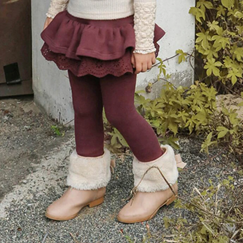 Штаны для девочек, однотонные плотные бархатные штаны в стиле пэчворк для маленьких девочек-подростков, кружевные штаны с оборками, юбка, детские зимние теплые леггинсы - Цвет: wine red