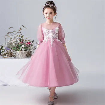 

Spring Summer New Good-Quality Children Girls Appliques Floral Birthday Wedding Party Long Dress Kids Teens Pageant Ball Dress