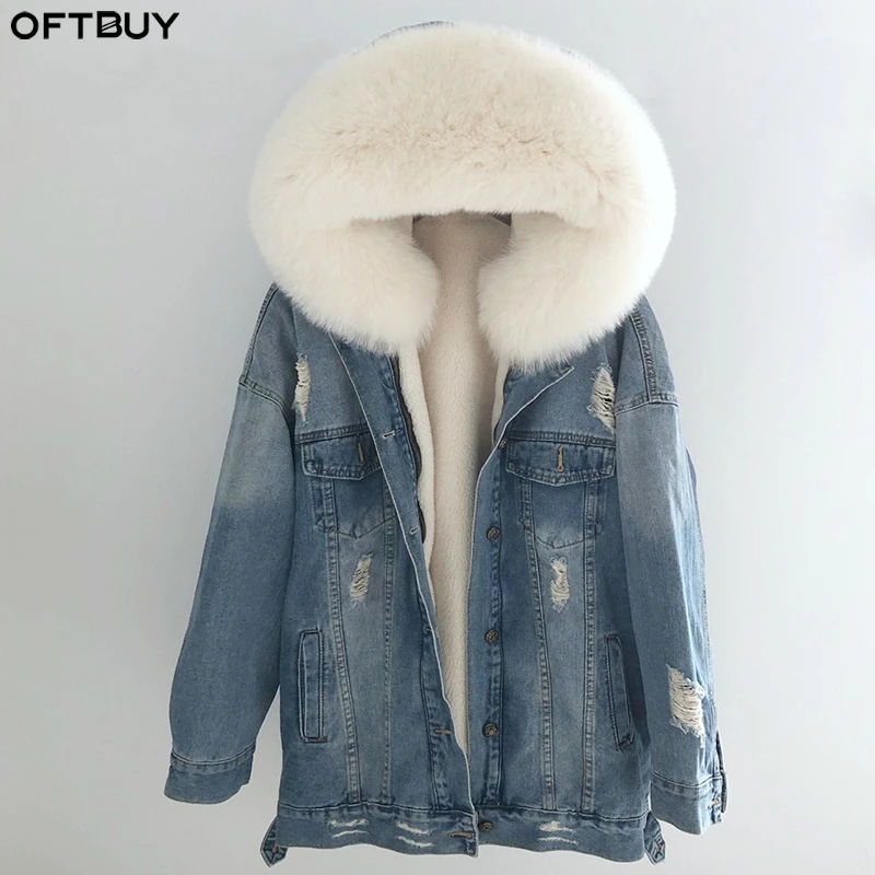 

OFTBUY 2019 Denim Parka Real Fur Coat Winter Jacket Women Natural Fox Fur Collar Hood Thick Warm 30% Wool Fur Liner Outerwear