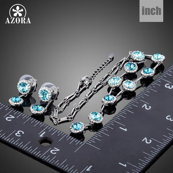 AZORA Elegant Blue Stellux Austrian Crystal Drop Earrings and Pendant Necklace Jewelry Sets for Women TG0199