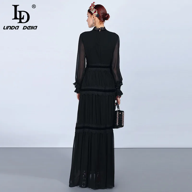 Big Discount expPN LD LINDA DELLA Fashion Runway Maxi Dresses Women's Long Sleeve Lace Patchwork Ruffles Vintage Black Dress Elegant Party Dress
