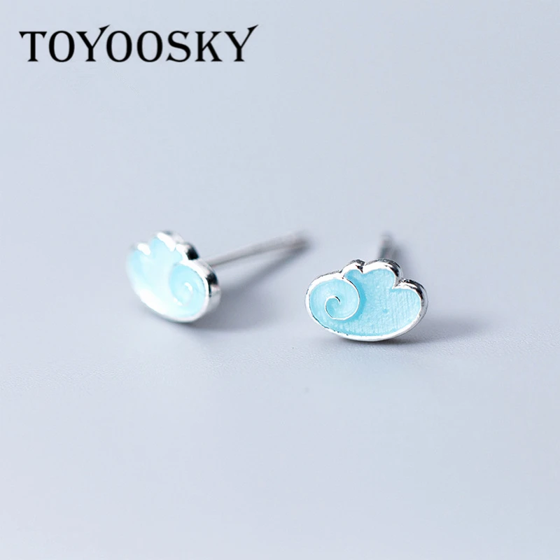 

S925 Real Sterling Silver Tiny 8mmX5mm Blue Clouds Stud Earring Gift For Girl Kid Lady Women Fashion Jewelry Wholesale