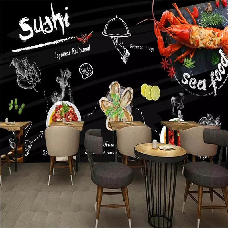

Custom wallpaper hand-painted seafood lobster restaurant catering background wall painting advanced waterproof material