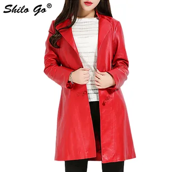 

SHILO GO Leather Trench Womens Autumn Fashion sheepskin genuine Leather long coat lapel button long sleeve Straight red coat
