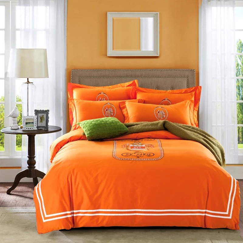 

New 100% cotton 5 star hotel bedding set queen king 4pcs luxury bed sheet bed linen set embroidered duvet cover blue orange