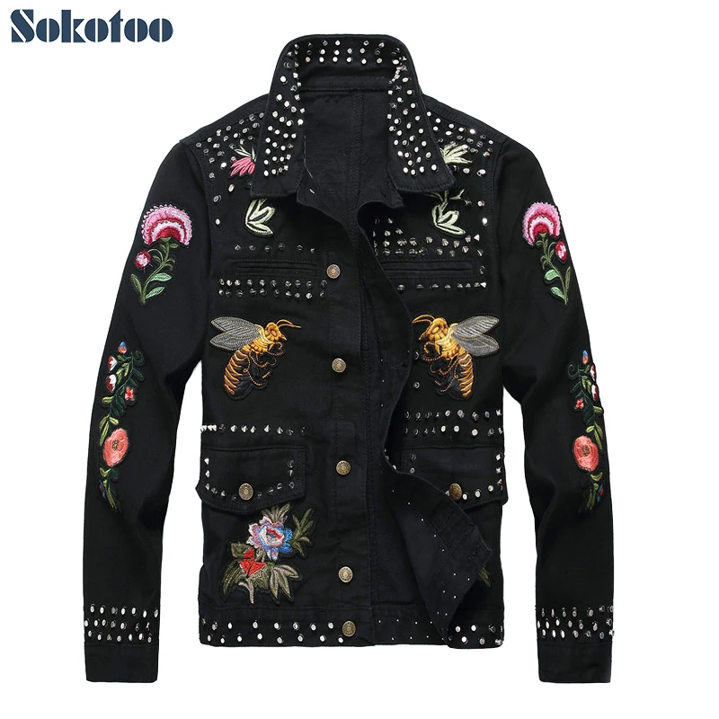 

Sokotoo Men's fashion rivet flower bees embroidery black jacket Long sleeve slim denim coat Short design embroidered outerwear