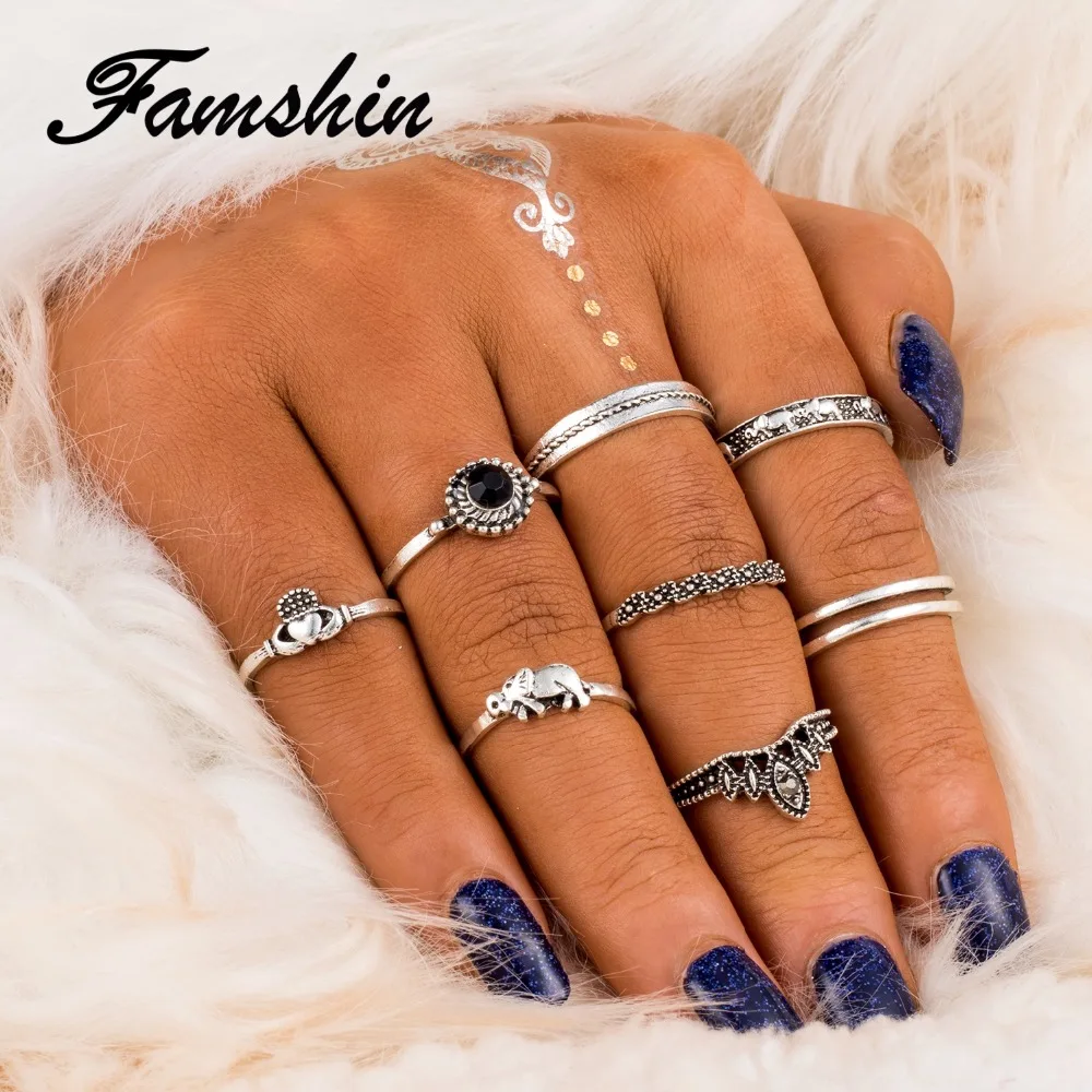 

FAMSHIN 8PCS/Set Bohemian Midi Ring Set Vintage Steampunk Elephant Love Anillos Ring Knuckle Rings for For Bijoux Femme Rings