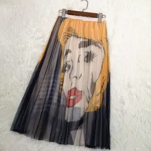 Printed Face Cartoon Patter Pleated Tulle Midi Skirts High Waist Elastic Waist Letter Mesh Skirt Korean Style Women Clothes 2019