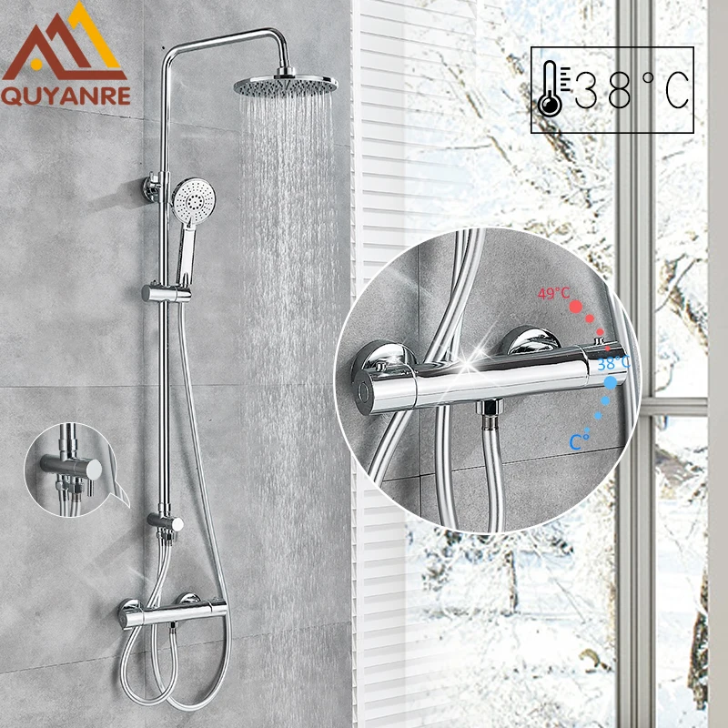 quyanre wanfan chrome thermostatic shower faucet set 8 inch rainfall shower head with handheld shower with tub spout thermostatic mixer bathtub shower faucet