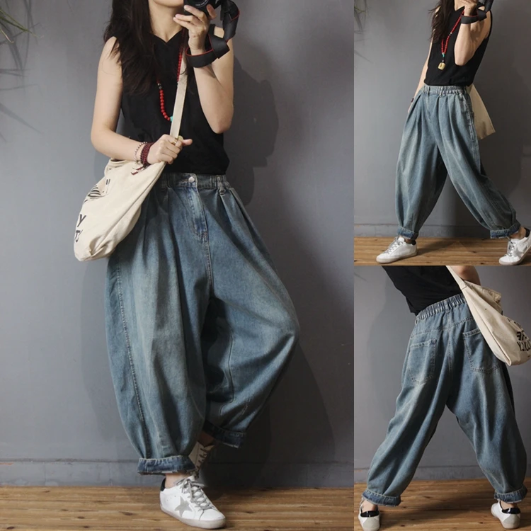 

Spring Autumn Women Casual Ultra Loose Plus Size Vintage Elastic Waist Wide Leg Pants Bleached Denim Trousers