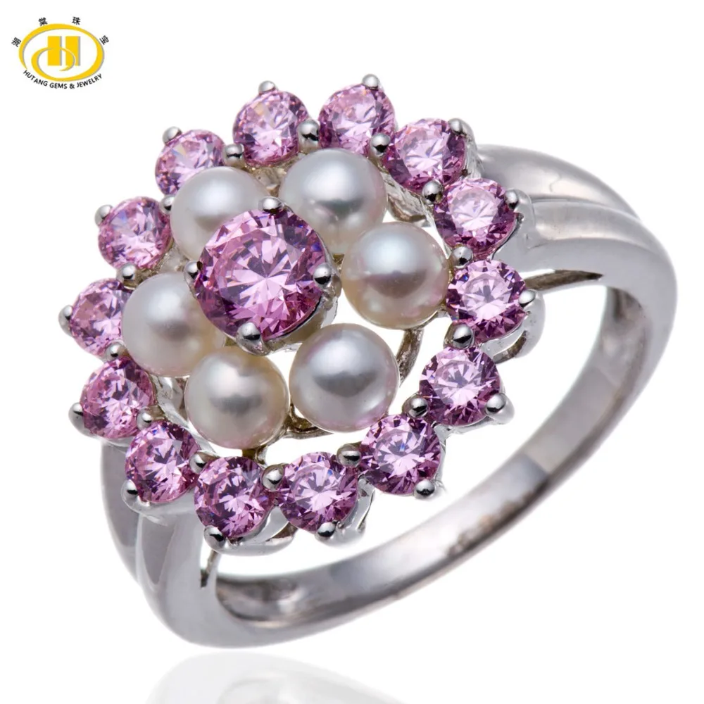 

Hutang 100% Natural Freshwater Pearl & Pink CZ Solid 925 Sterling Silver Flower Ring for Women Fashion Stone Jewelry Gift