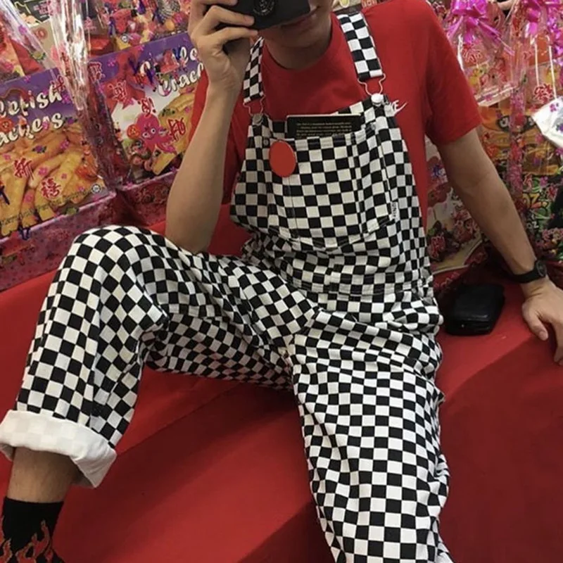 

Women's Fashion Plaid Print Straight Wide Pants 2019 New Cotton with Suspenders Jumpsuit Loose Slim Fit Casual Checkered Pants