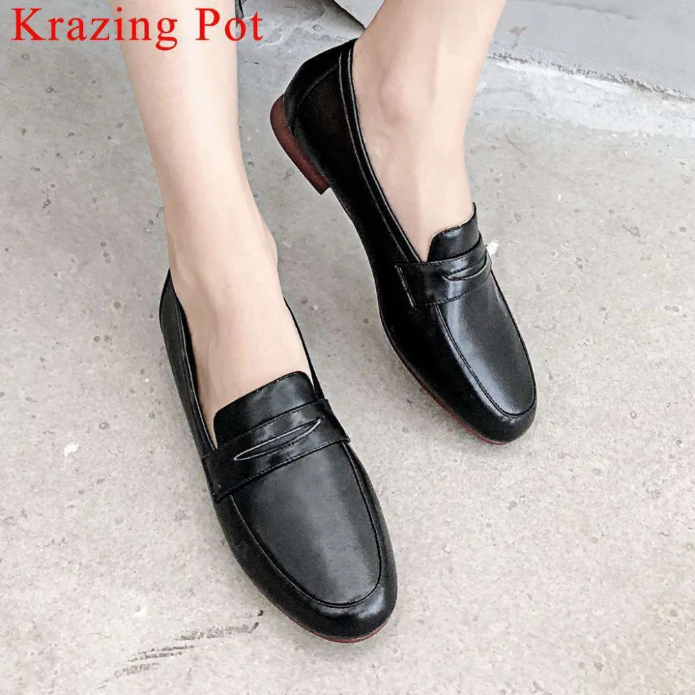 

Krazing Pot hand-sewn leather loafers pregnant natural leather low heels slip on suqare toe British school vocation pumps L90