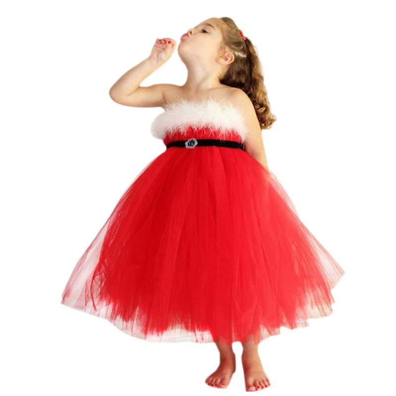 Red Christmas Girls Dress For Baby Santa Fancy Ball Party Dresses Kids