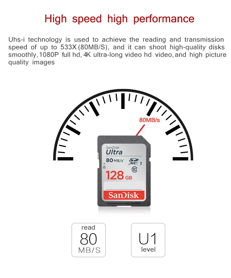 Натуральная двойной флеш-накопитель SanDisk sd-карта 16 Гб оперативной памяти, 32 Гб встроенной памяти, 64 ГБ 128 Гб класс 10 SDHC карты SD карта SDXC 80 МБ/с., карта памяти, флэш-карты для Камера