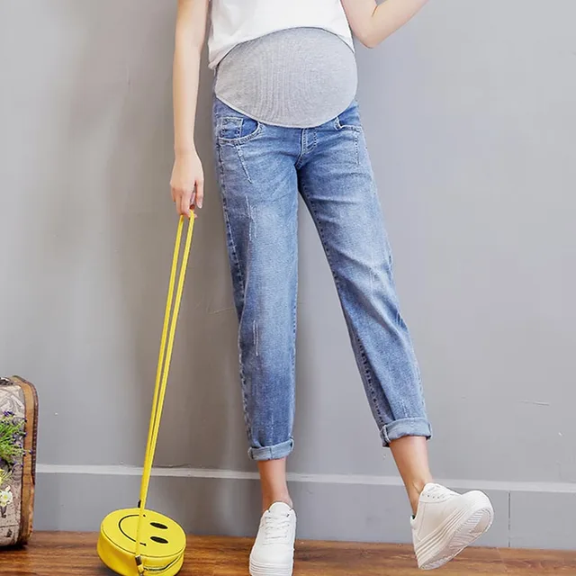 US $15.92 Vintgae Washed Denim Maternity Jeans for Pregnant Women Clothes Elastic Waist Belly Loose Pants Pre