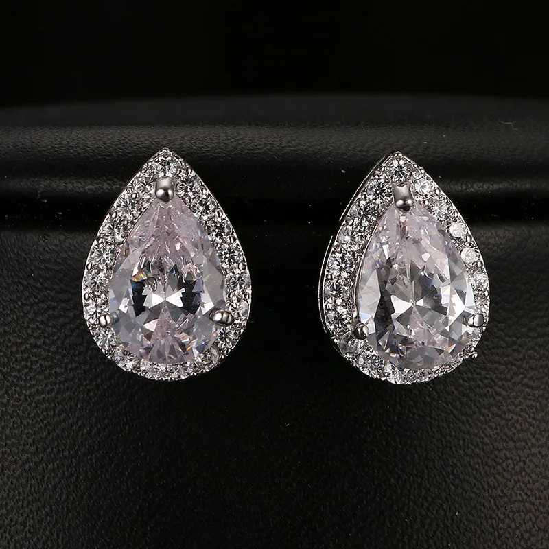 

Classic Pear shaped CZ with Rectangle small zircon surrounded Tear Stud Earring top quality